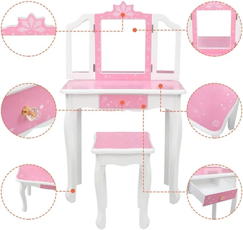 Vista 3 de Juego de tocador con espejo y taburete para niñas, tocador de maquillaje con cajón, mesa de tocador de princesa para niñas