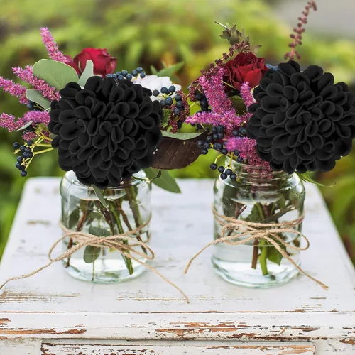 Vista 7 de Flores artificiales, 25 piezas, rosas artificiales realistas para ramos de novia, centros de mesa, arreglos, flores de Dalia negras con tallo