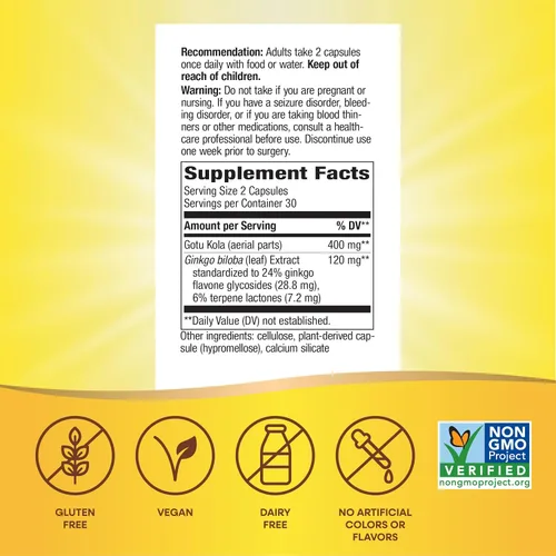 Vista 5 de Nature's Way Extracto de Ginkgo Premium, apoya la memoria y la concentración*, 120 mg de extracto de ginkgo biloba por porción de 2 cápsulas