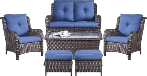 Vista 16 de Belord Mesa auxiliar pequeña para exteriores, mesa de mimbre de vidrio templado, mesa de centro impermeable para patio, mesa auxiliar de ratán