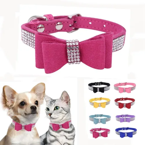 Vista 21 de Collar de perro con diamantes de imitación y lazo ajustable para mascotas, talla XXS, XS, tamaño pequeño, mediano y grande, color rosa, talla XX S