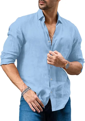 Vista 2 de Camisas con botones para hombre manga larga lino playa casual algodón para verano ligeras