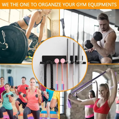 Vista 9 de Organizador de gimnasio, colgador de accesorios de gimnasio en casa, ganchos de montaje en pared para mancuernas olímpicas, asas de fila