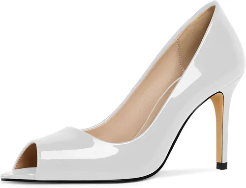 Vista 34 de Eldof Zapatos de tacón alto con punta abierta para mujer, con puntera abierta, para boda, sexy, para novia, clásicos, de 3.5 pulgadas Beige
