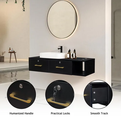 Vista 5 de Estación de peluquería de montaje en pared con 2 cajones de bloqueo y 3 agujeros, tocador de maquillaje flotante para peluquería de belleza, baño