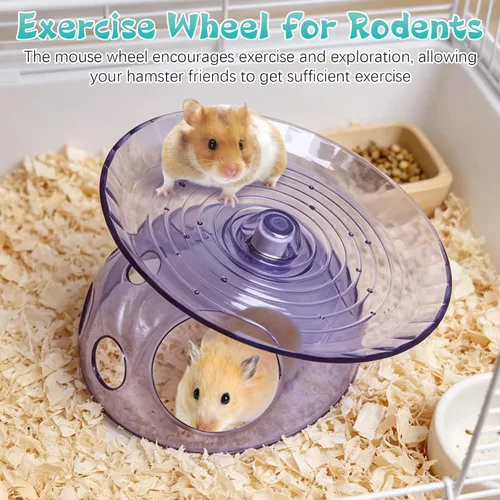 Vista 6 de Hamiledyi Platillo volador para hámster con casa escondida, rueda de hámster de plástico para animales pequeños, rueda de ejercicio silenciosa Azul