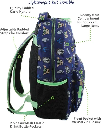 Vista 2 de Star Wars Mandalorian Baby Yoda - Mochila escolar de 16 pulgadas, AzulVerde, Star Wars Mandalorian Baby Yoda - Mochila escolar de 16 pulgadas