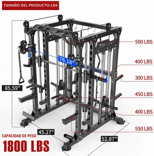 Vista 4 de XGSW Smith Machine Gimnasio en casa, jaula de potencia multifunción con sistema cruzado de cable de polea doble, estante para sentadillas para L06