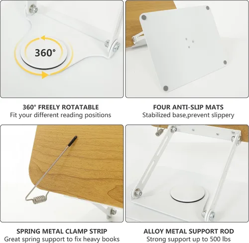 Vista 4 de Soporte de libro para lectura, soporte de libro con base giratoria de 360° para leer manos libres, soporte de libro de cocina, soporte de base