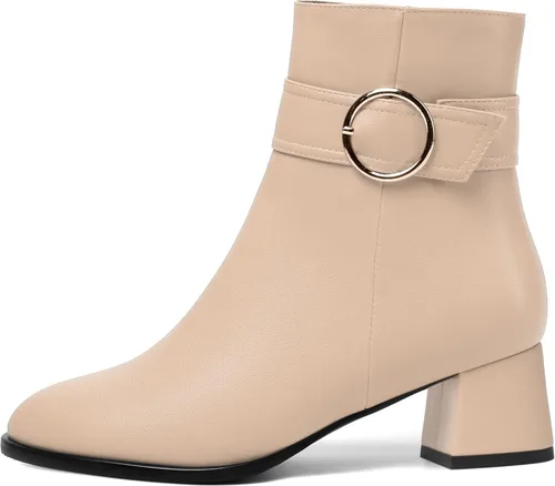 Vista 2 de MERRORI Botas altas de tacón bajo mate mate con cremallera y punta redonda para mujer, 2 pulgadas Beige