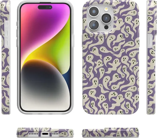 Vista 4 de Casely iPhone 14 Pro Case All Boo'd Up Purple Ghost Compatible with MagSafe Classic Ultra Thin Design