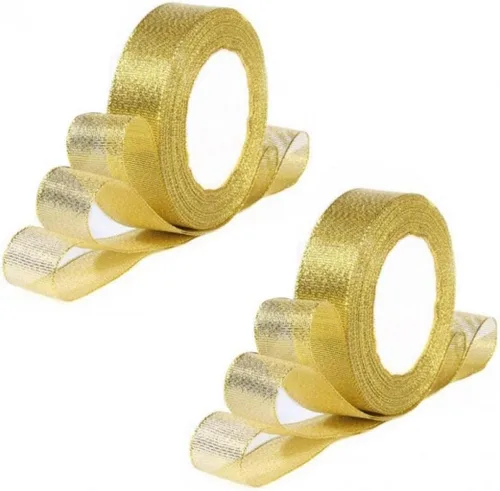 Vista 4 de Cinta dorada metálica con purpurina, 5 rollos de cinta de tela para coser, adornos artesanales, cinta decorativa para envolver regalos