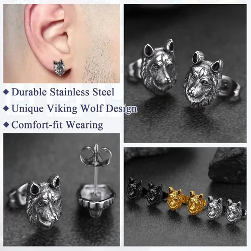 Vista 6 de FaithHeart Norse Vikingo Jewelry - Aretes de tuerca de plata de ley de acero inoxidable, lobo celtamartillo de Thors para mujeres y hombres, Acero