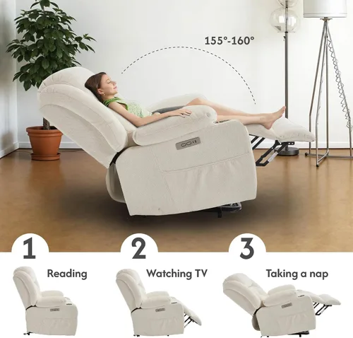 Vista 5 de FLEXISPOT Silla reclinable eléctrica con masaje y calor, silla elevadora de un solo motor, tapicería de tela de felpilla, USB/tipo C, portavasos