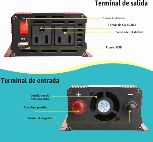 Vista 4 de nomal Inversor de corriente para automóvil de 1200 W, convertidor de CC de 12 V a 110 V CA con pantalla LCD y salidas de CA, inversor de 12 voltios