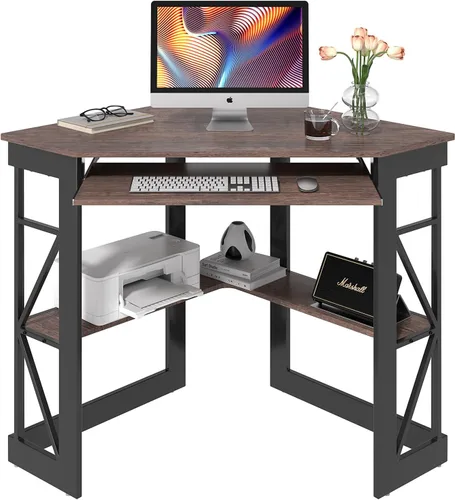 Vista 12 de VECELO - Escritorio de esquina para computadora, mesa de escritura con bandeja para teclado suave y estantes de almacenamiento, mesa triangular