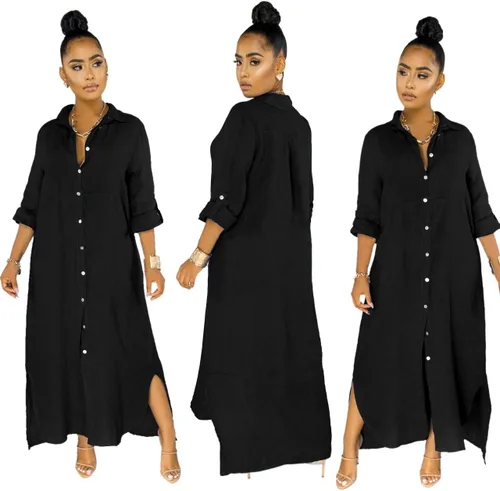 Vista 4 de Vestido largo tipo camiseta para mujer, holgado, con botones, manga larga, con abertura, para novio