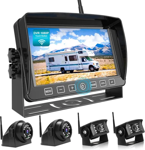 Vista 10 de Fookoo Sistema de cámara de respaldo inalámbrico de 1080P de 10 pulgadas, monitor dividido dual/cuádruple de 10 pulgadas con grabación, cámaras