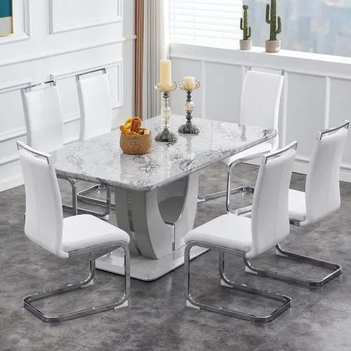 Vista 76 de JUFU Juego de mesa de comedor moderno para 4, juego de mesa de cocina rectangular de 63 pulgadas con mesa de mármol sintético y 4 sillas tapizadas