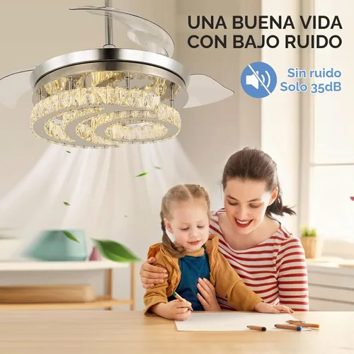Vista 4 de FRIXCHUR 42" Ventiladores de techo de cristal con candelabro regulable LED, lámpara de araña retráctil en forma de luna con luces y control remoto