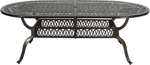 Vista 9 de VIVIJASON Mesa rectangular de comedor para patio al aire libre, mesa de patio grande rústica de aluminio fundido de bronce con agujero para paraguas