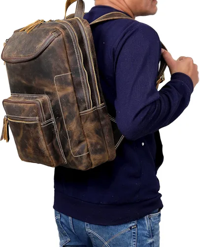 Vista 9 de Mochila de cuero vintage para hombre, bolsa para laptop de 16 pulgadas, gran capacidad, viajes de negocios, senderismo, mochila de hombro, mochila
