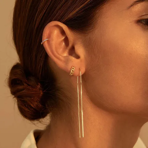 Vista 4 de Aretes de aro chapados en oro de 14 quilates, delicados y gruesos, con incrustaciones de circonita cúbica, para dormir, pequeñas, delicadas