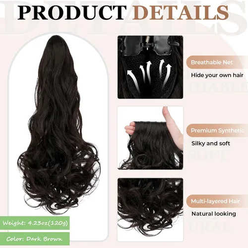 Vista 4 de Extensión de cola de caballo con pinza de 18" larga, rizada y ondulada, con clip, extensión de pelo sintético de aspecto natural para mujer, marrón