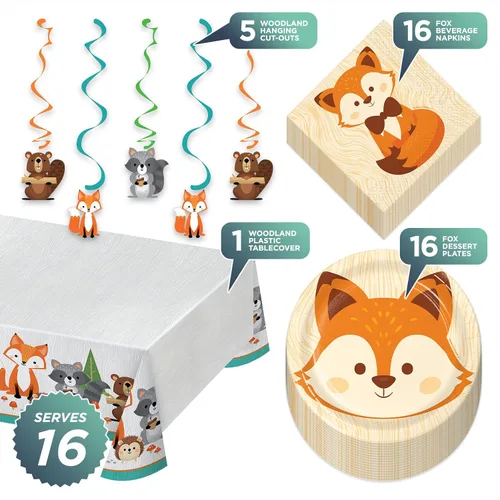 Vista 2 de Woodland Animal Fox Party Pack - Platos de postre de papel, servilletas para bebidas, recortes colgantes y juego de cubierta de mesa (sirve 16)