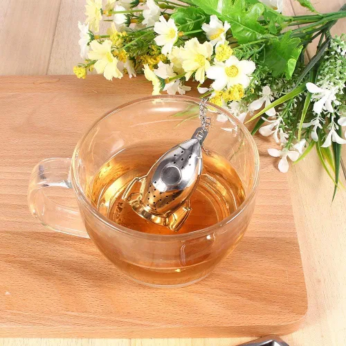 Vista 3 de Colador de té de acero inoxidable en forma de cohete Infusor de té suelto Difusor de intervalo de té con gancho de cadena extendido y bandeja