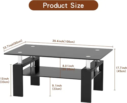 Vista 3 de IANIYA Mesa auxiliar rectangular de vidrio templado, patas de tubo de metal, mesa auxiliar para sala de estar (todo negro)