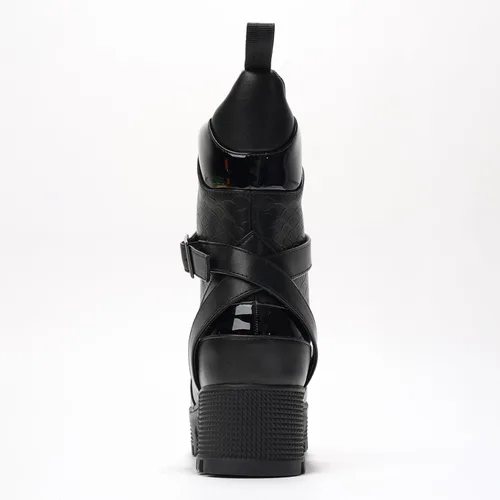 Vista 6 de Botas de combate de tacón grueso para mujer con plataforma y cordones, botines altos de otoño e invierno para ropa urbana, tacón de bloque Negro