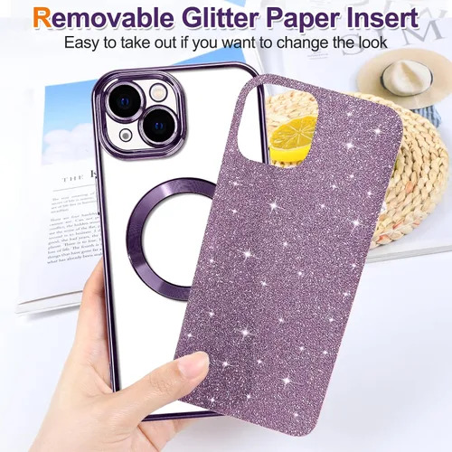 Vista 32 de Hython para iPhone 15 Plus Funda con chispas brillantes, Fundas transparentes magnéticas con protector de lente de cámara [Compatible con MagSafe]