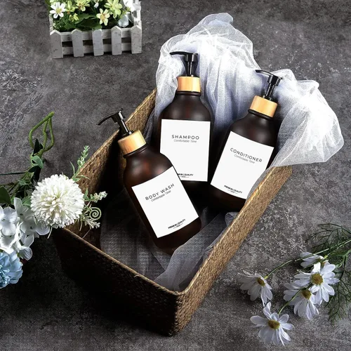 Vista 2 de Botellas de champú y acondicionador resistentes esmeriladas, dispensador de boticario, bomba de bambú, botellas de champú recargables para champú