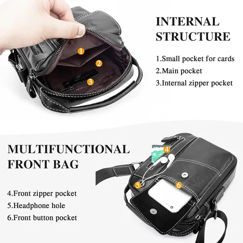 Vista 3 de BAIGIO Bolso bandolera de cuero pequeño para hombre, bolso bandolera para viajes, negocios, trabajo