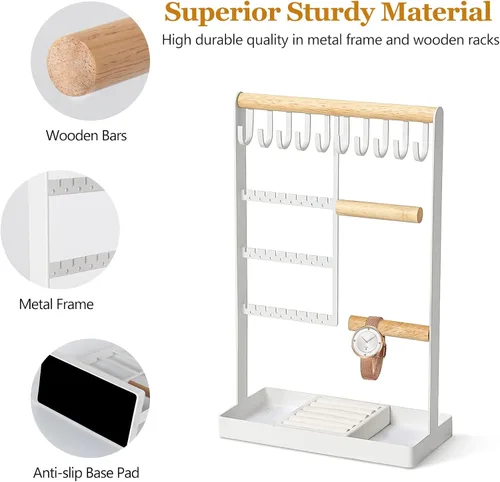 Vista 2 de CONBOLA Organizador de soporte de joyería, organizador de joyería de madera de 5 niveles con soporte para pulsera, agujeros para aretes, bandeja