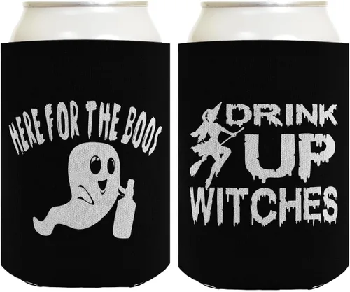 Vista 21 de Decoración espeluznante de Halloween Bebe brujas aquí para los abucheos 2 caras Paquete de 2 termoenfriadores ultra delgados para latas