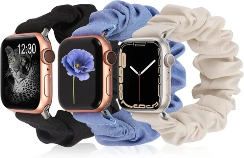 Vista 9 de TOYOUTHS - 3 paquetes compatibles con Apple Watch Band Scrunchies 1.496 in (38 mm) tela suave patrón impreso pulsera de tela para mujer iWatch