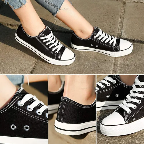 Vista 3 de ZGR - Tenis bajos de lona con cordones para mujer estilo clásico casual color blanco y negro