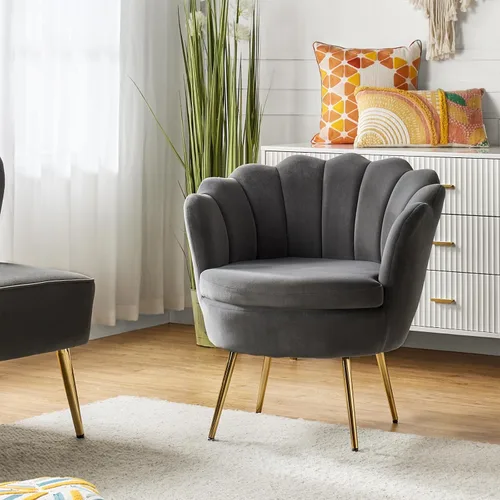 Vista 28 de HULALA HOME Silla decorativa moderna de terciopelo con respaldo en forma de concha, bonito sillón para sala de estar, dormitorio con patas doradas