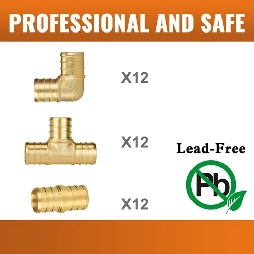 Vista 5 de Paquete de 36 accesorios PEX de 3/4 pulgadas, 12 acoplamientos en T de codo, sin plomo latón Pex surtido de 3/4 pulgadas, certificado UPC, NSF