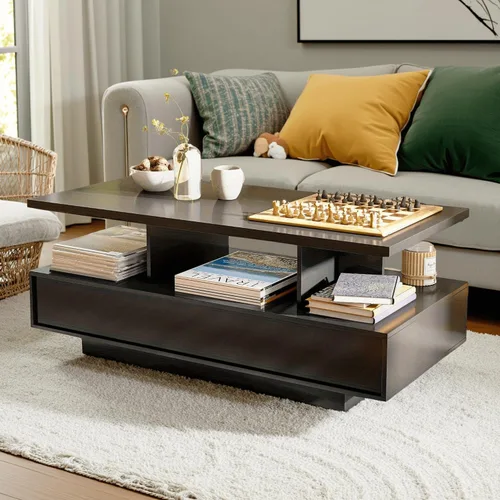Vista 3 de LAUSAINT HOME Mesa de centro con almacenamiento, mesas de centro LED de 2 niveles para sala de estar con aplicación y control remoto, mesa de centro