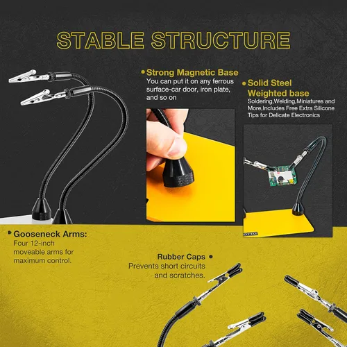 Vista 9 de Fstop Labs Herramienta de soldadura de tercera mano, soporte para PCB, cuatro brazos metálicos flexibles con base magnética, manos que ayudan a
