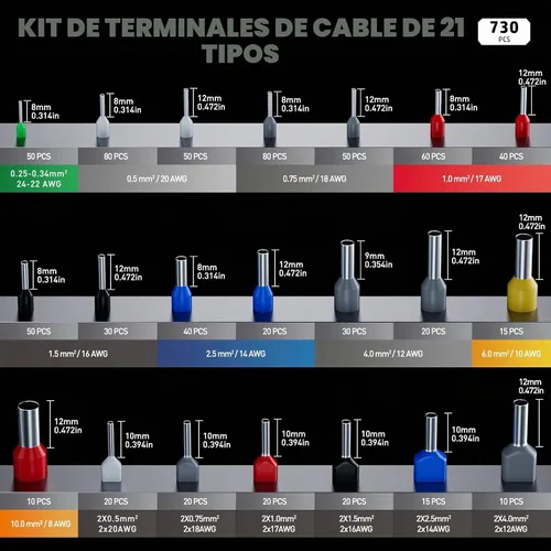 Vista 3 de PEBA Kit de herramientas de prensado de virola, virolas de alambre con virolas gemelas, AWG 28-7 21 Sizes Insulated Ferrules, Hex Ratchet Crimper