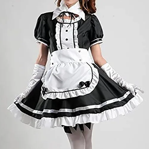 Vista 5 de Disfraz de sirvienta francesa de anime, disfraz de sirvienta, delantal, vestido de delantal, calcetines y guantes