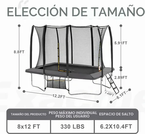 Vista 5 de Exacme Trampolín Rectangular de 7 x 10, 8 x 12, 9 x 14 Pies para Niños, Aberturas de Cerramiento Dobles, Trampolín Rectangular Pequeño para Gris