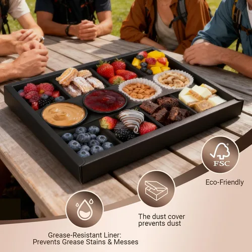 Vista 7 de Caja de pastelería desechable de 8 compartimentos con tapas, 10 unidades, caja negra dividida para panadería con soporte para inmersión para 4-6