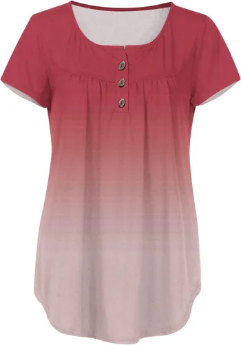 Vista 4 de Gradient Loose Fit Long Tee Shirts for Ladies Summer Fall Short Sleeve Crew Neck Pleated Tops Shirts Women 2024