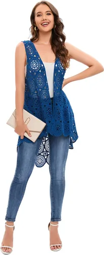 Vista 6 de Chaleco de encaje de ganchillo para mujer, estilo bohemio, sin mangas, kimono con dobladillo irregular