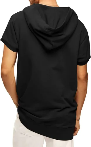Vista 5 de Camiseta deportiva con capucha para hombre, manga corta, con cordón, con capucha, fitness, entrenamiento, culturismo, musculación